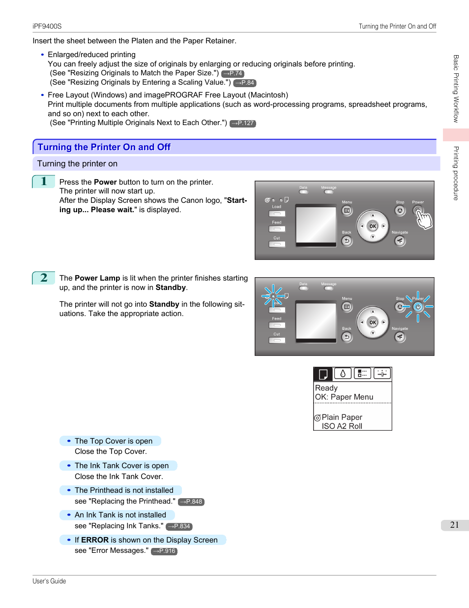 Turning the printer on and off | Canon imagePROGRAF iPF9400S User Manual | Page 21 / 972