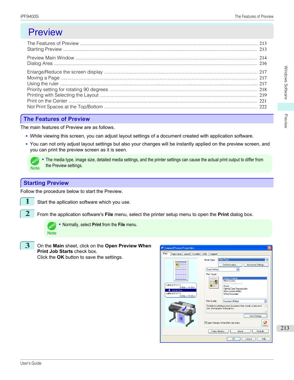 Preview, The features of preview, Starting preview | The features of preview starting preview | Canon imagePROGRAF iPF9400S User Manual | Page 213 / 972