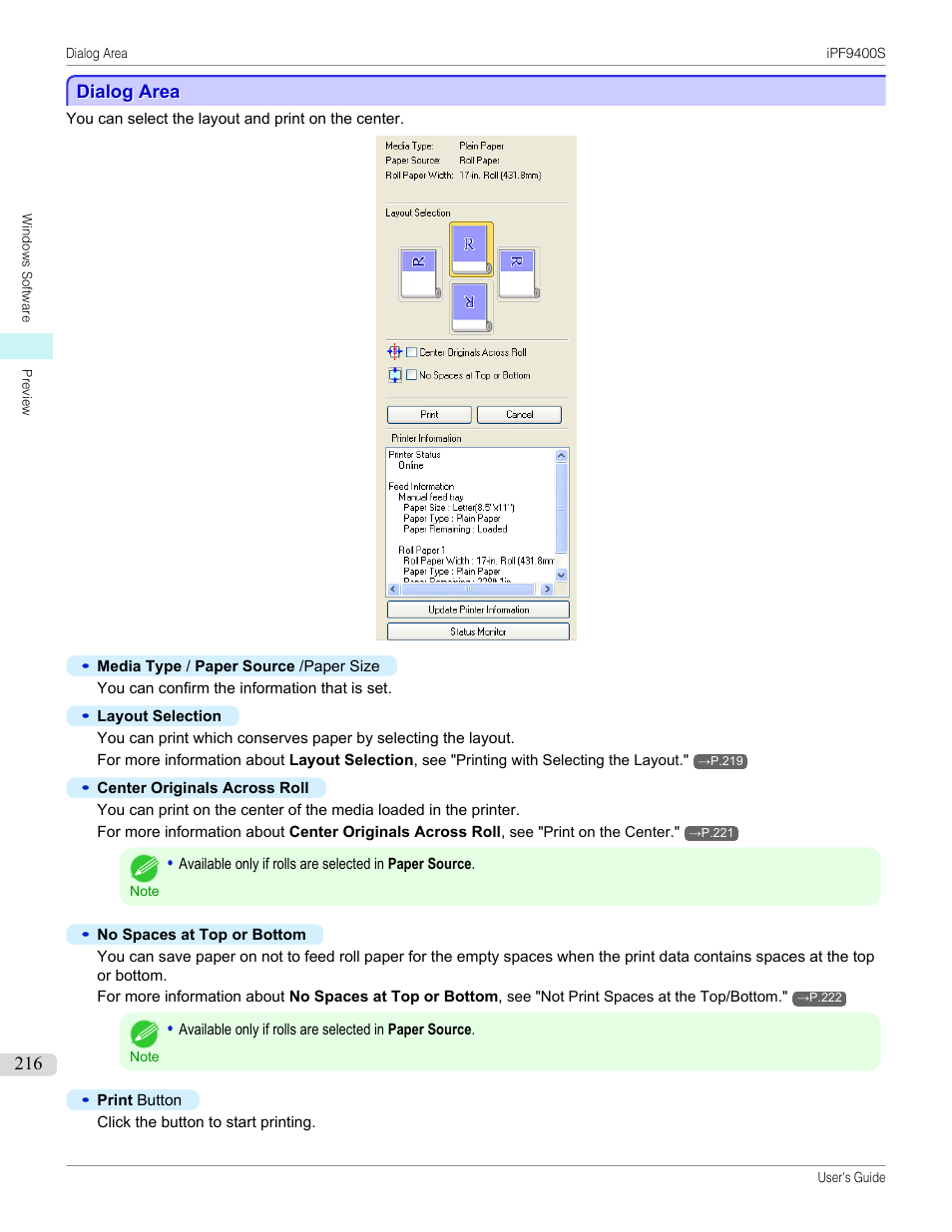 Dialog area | Canon imagePROGRAF iPF9400S User Manual | Page 216 / 972