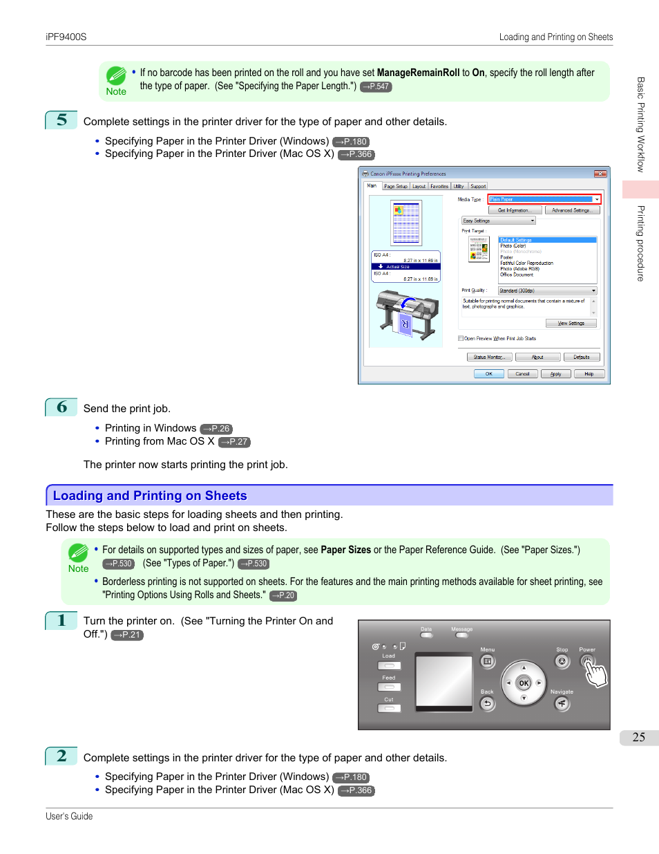 Loading and printing on sheets, See "loading and printing on sheets."), P.25 | Canon imagePROGRAF iPF9400S User Manual | Page 25 / 972