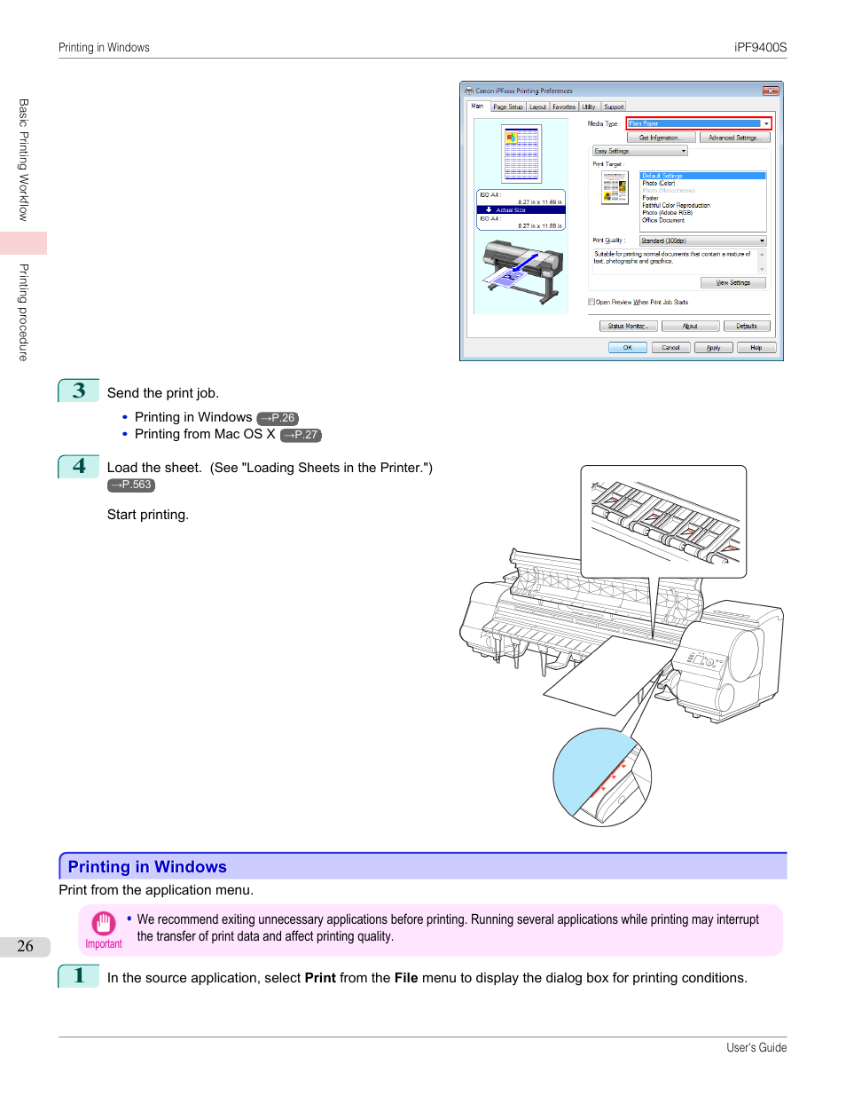 Printing in windows, P.26 | Canon imagePROGRAF iPF9400S User Manual | Page 26 / 972