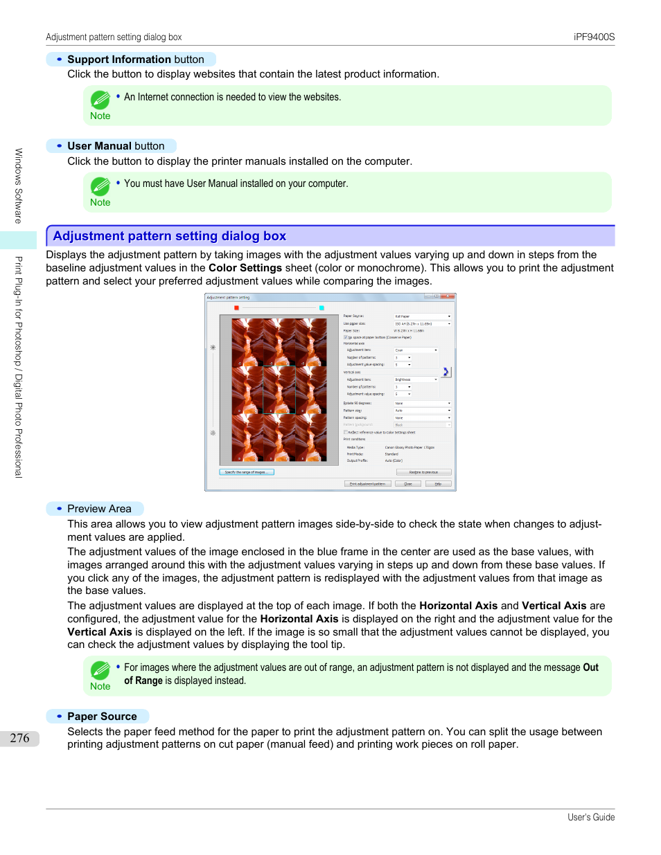 Adjustment pattern setting dialog box, See "adjustment pattern setting dialog box."), P.276 | See "adjustment pattern setting dialog box | Canon imagePROGRAF iPF9400S User Manual | Page 276 / 972