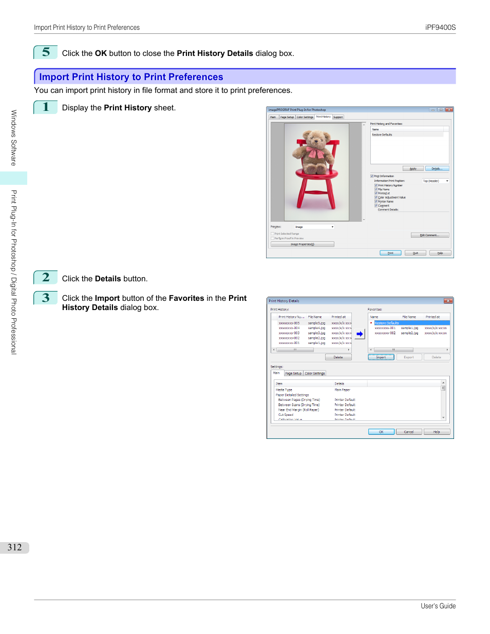 Import print history to print preferences, P.312 | Canon imagePROGRAF iPF9400S User Manual | Page 312 / 972