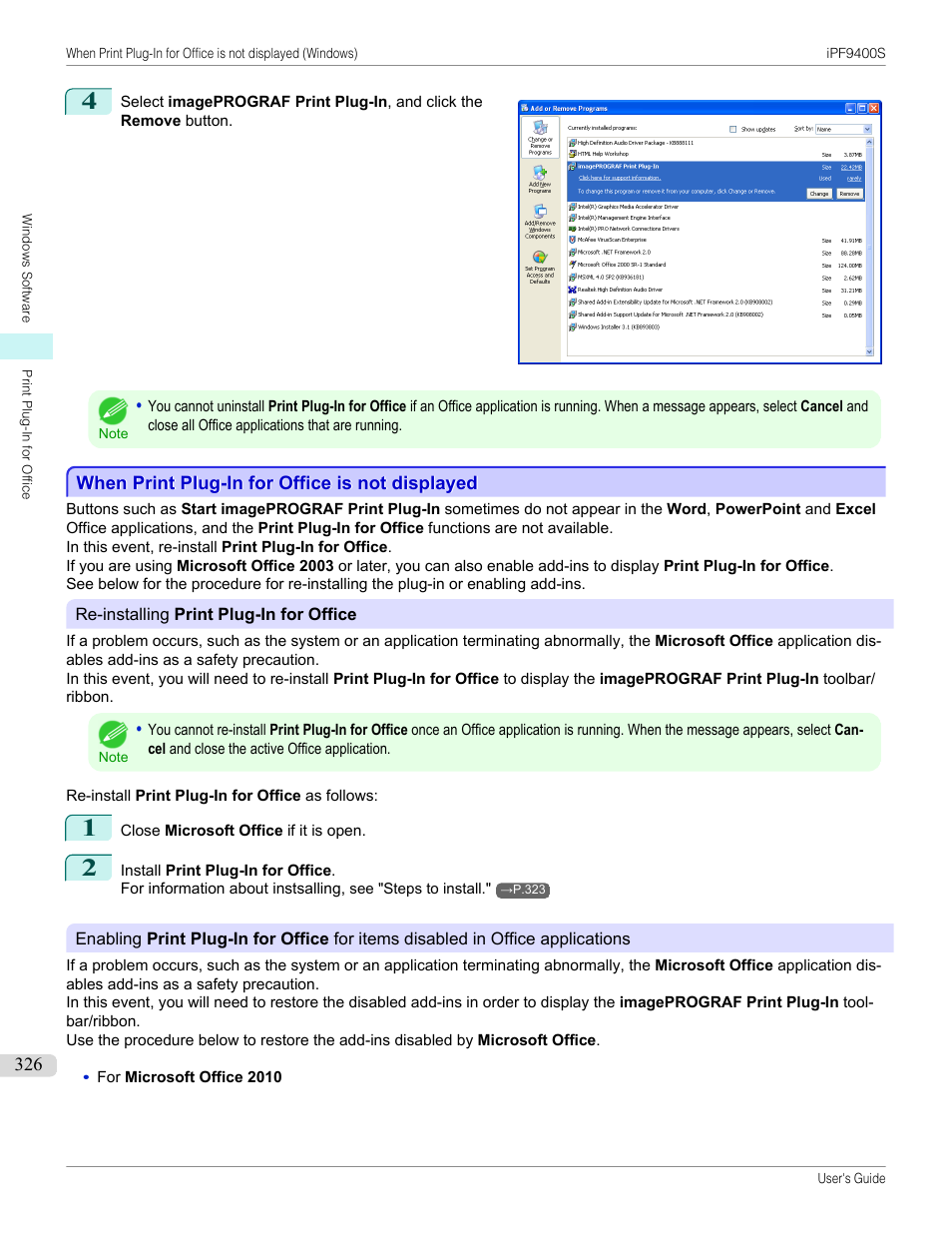 When print plug-in for office is not displayed, P.326 | Canon imagePROGRAF iPF9400S User Manual | Page 326 / 972