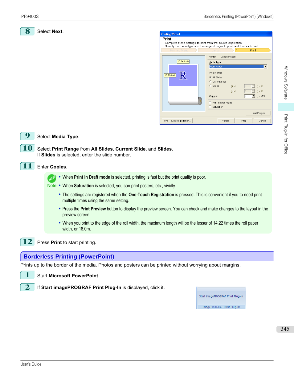 Borderless printing (powerpoint) | Canon imagePROGRAF iPF9400S User Manual | Page 345 / 972