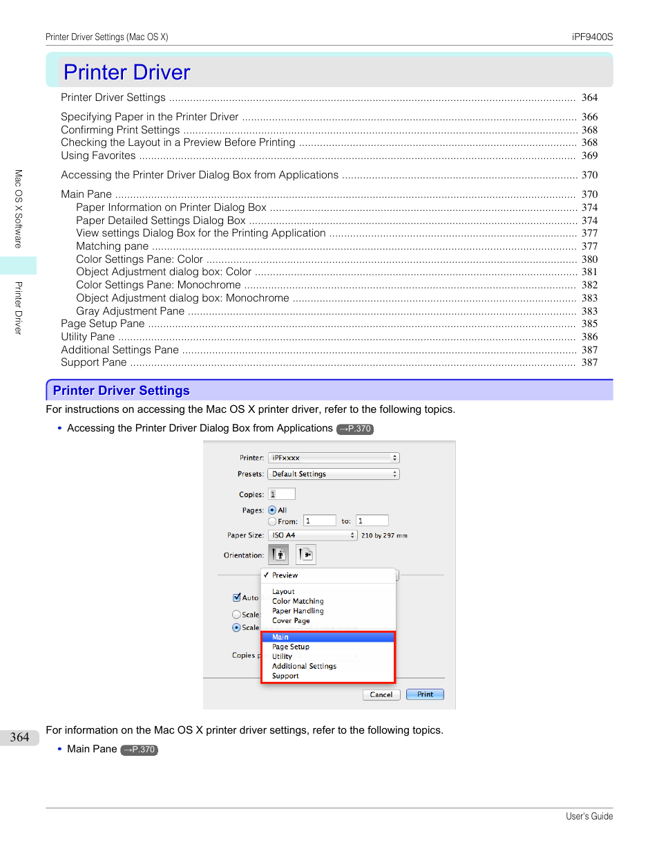 Printer driver, Printer driver settings, P.364 | Canon imagePROGRAF iPF9400S User Manual | Page 364 / 972