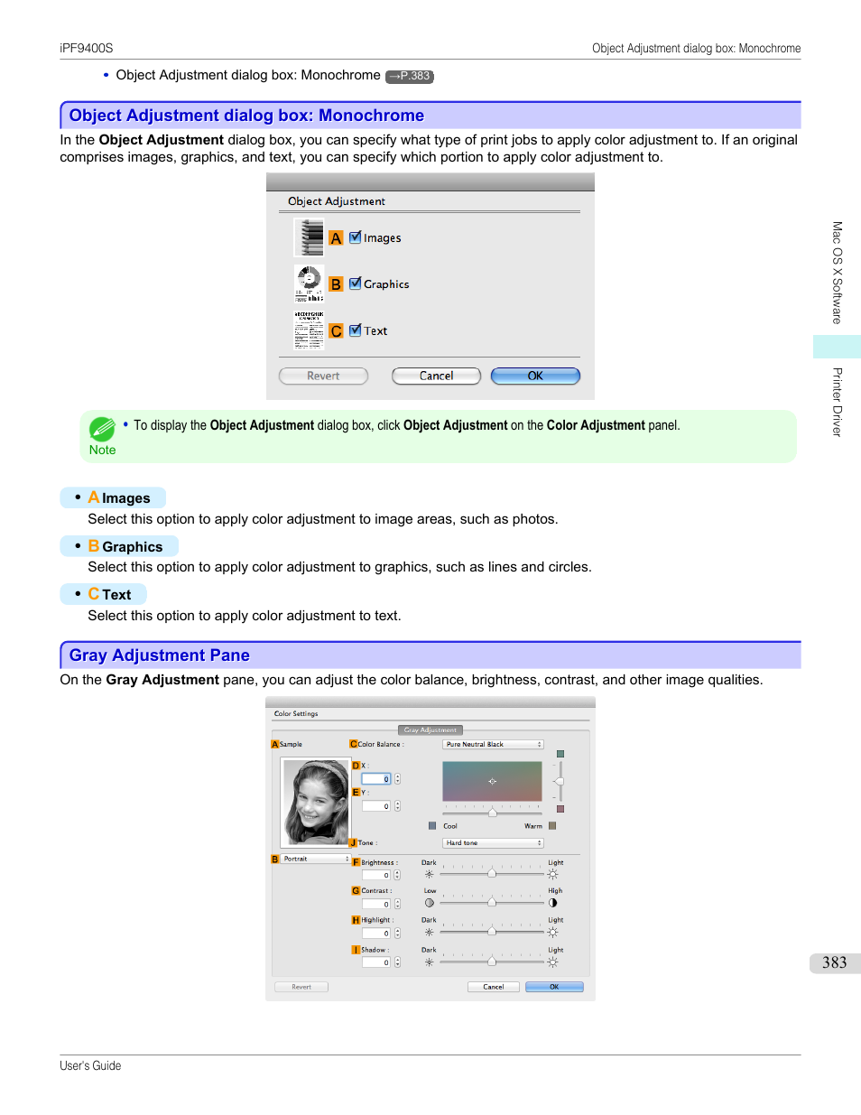 Object adjustment dialog box: monochrome, Gray adjustment pane, P.383 | Canon imagePROGRAF iPF9400S User Manual | Page 383 / 972