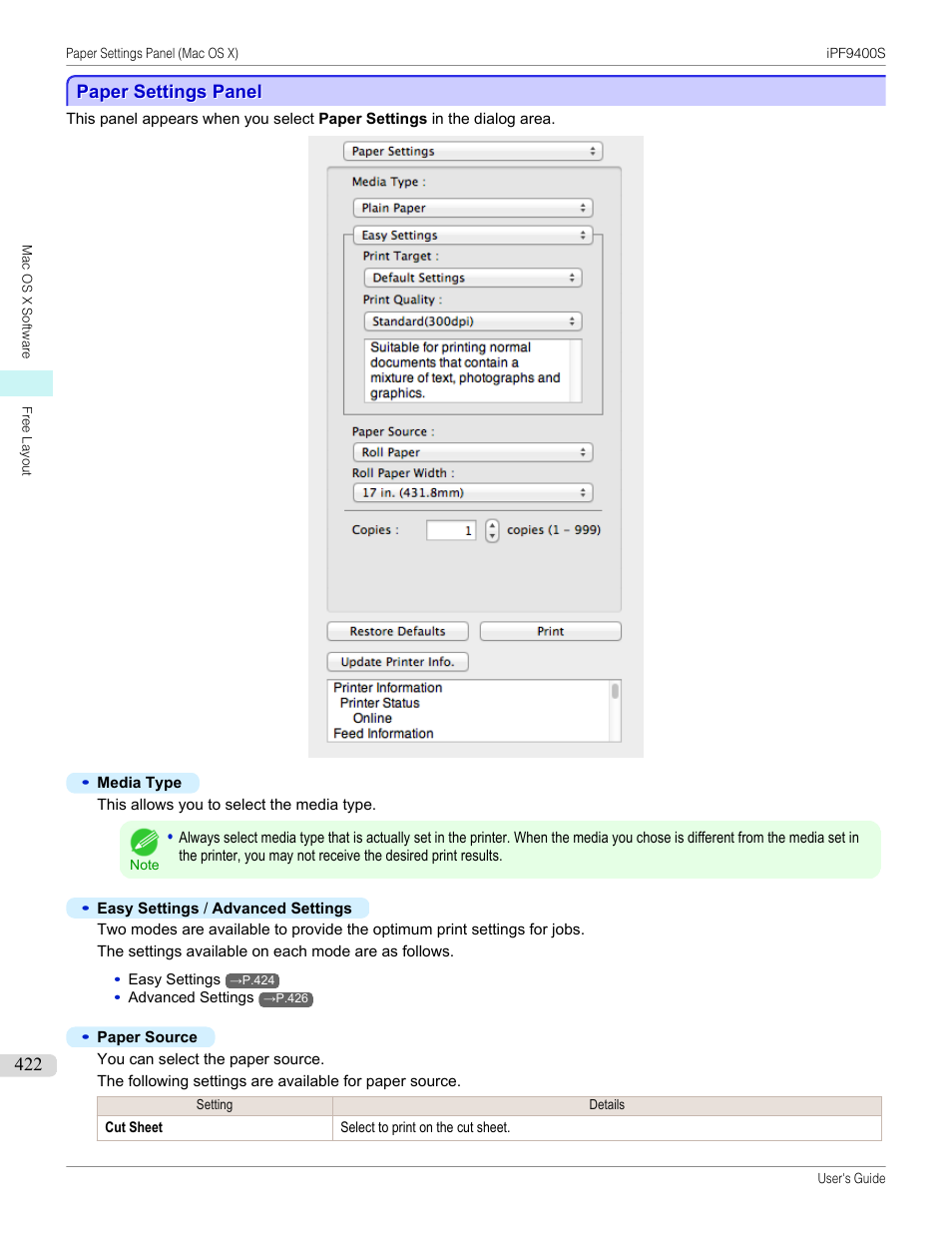Paper settings panel | Canon imagePROGRAF iPF9400S User Manual | Page 422 / 972