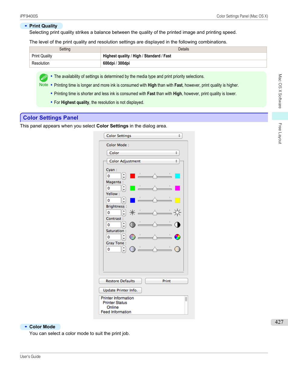 Color settings panel | Canon imagePROGRAF iPF9400S User Manual | Page 427 / 972