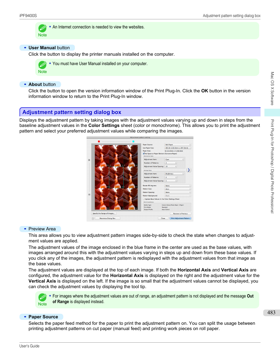 Adjustment pattern setting dialog box, See "adjustment pattern setting dialog box."), P.483 | See "adjustment pattern setting dialog box | Canon imagePROGRAF iPF9400S User Manual | Page 483 / 972