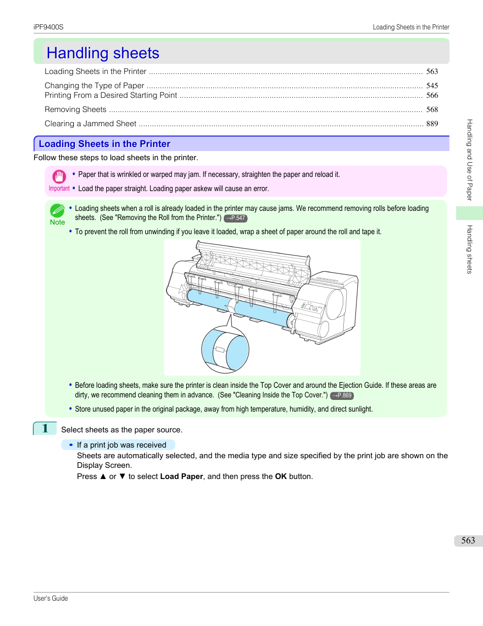 Handling sheets, Loading sheets in the printer, See "loading sheets in the printer.") | P.563 | Canon imagePROGRAF iPF9400S User Manual | Page 563 / 972