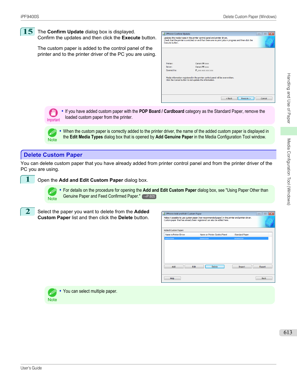 Delete custom paper, P.613 | Canon imagePROGRAF iPF9400S User Manual | Page 613 / 972