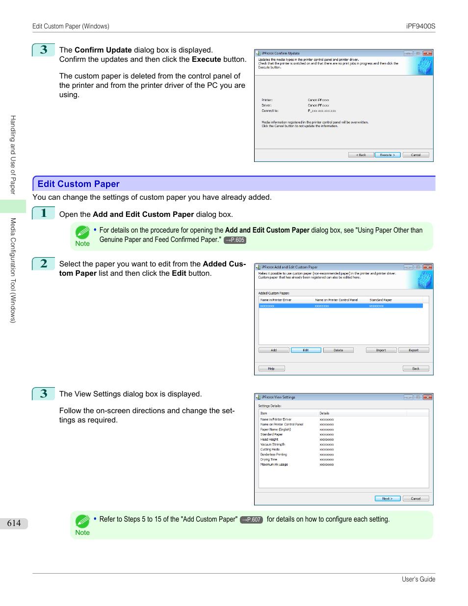 Edit custom paper, See "edit custom paper, P.614 | Canon imagePROGRAF iPF9400S User Manual | Page 614 / 972