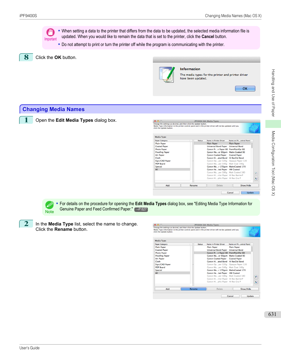 Changing media names, P.631 | Canon imagePROGRAF iPF9400S User Manual | Page 631 / 972