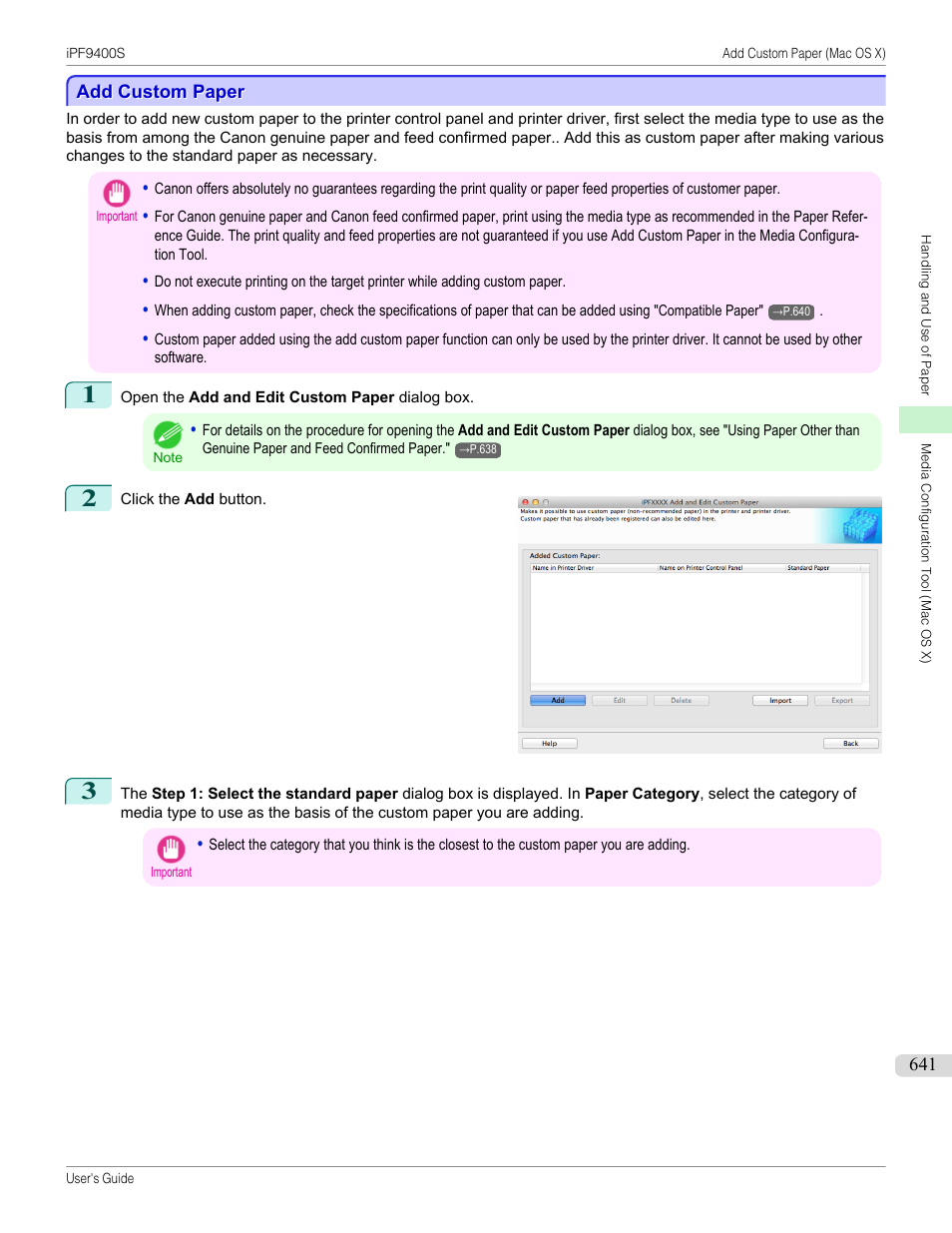 Add custom paper, See "add custom paper, P.641 | Canon imagePROGRAF iPF9400S User Manual | Page 641 / 972
