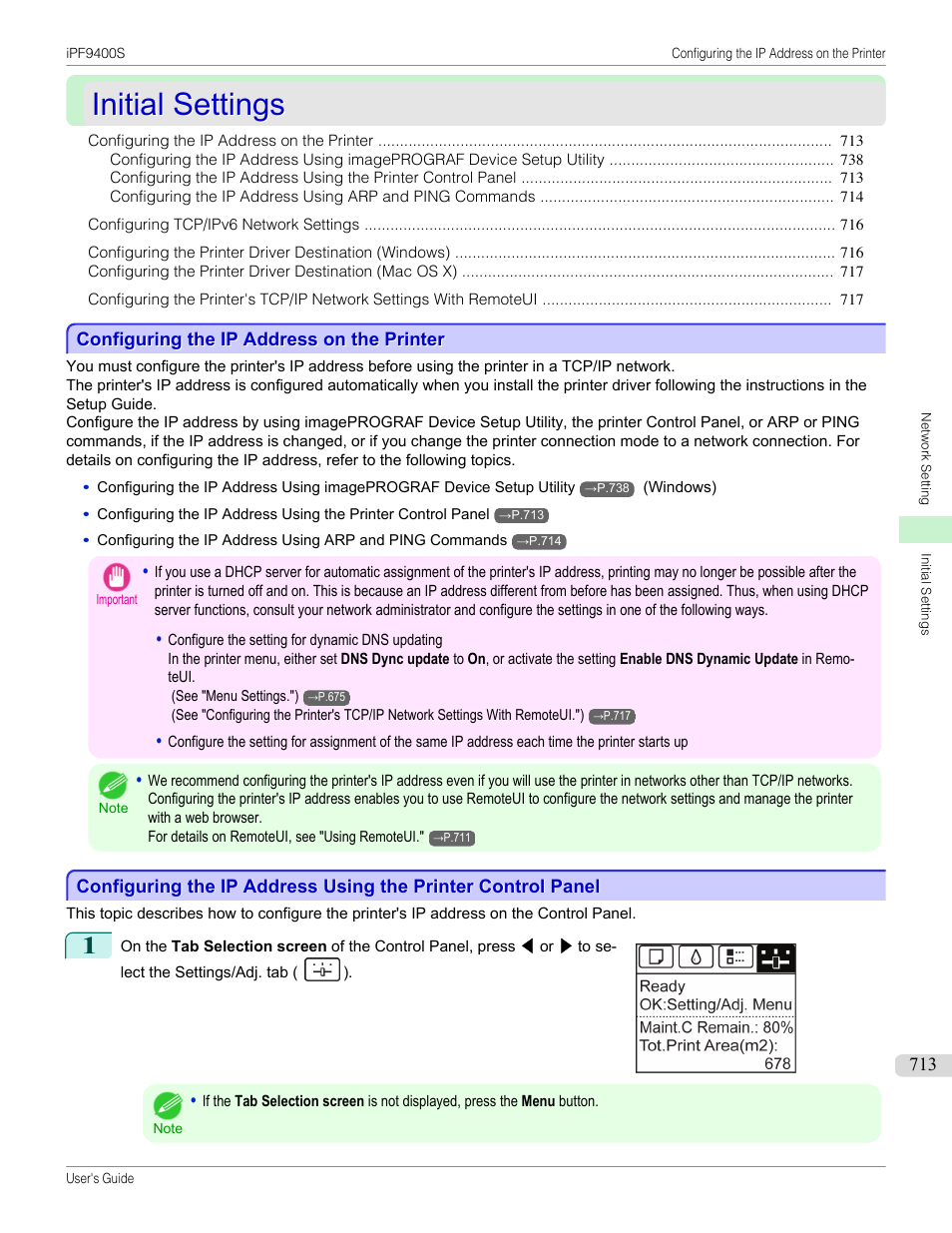 Initial settings, Configuring the ip address on the printer, P.713 | Canon imagePROGRAF iPF9400S User Manual | Page 713 / 972