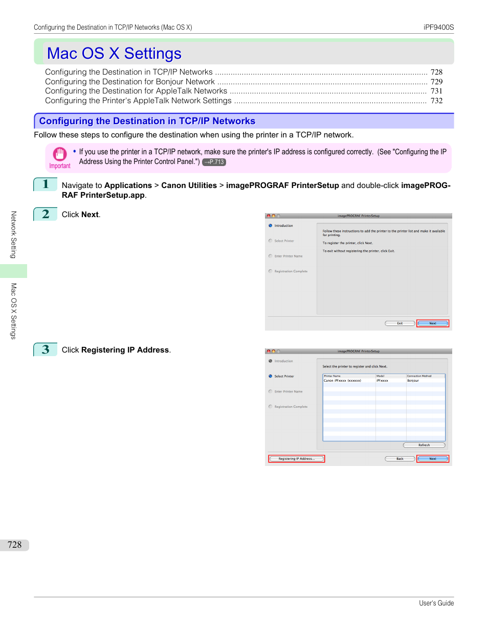 Mac os x settings, Configuring the destination in tcp/ip networks, P.728 | Canon imagePROGRAF iPF9400S User Manual | Page 728 / 972