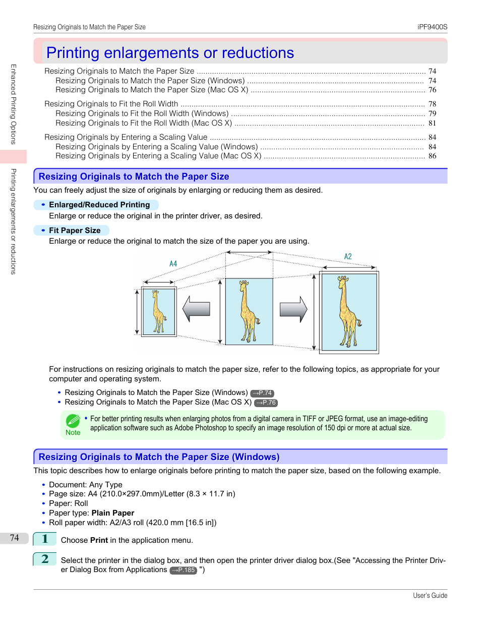 Printing enlargements or reductions, Resizing originals to match the paper size, See "resizing originals to match the paper size.") | P.74 | Canon imagePROGRAF iPF9400S User Manual | Page 74 / 972