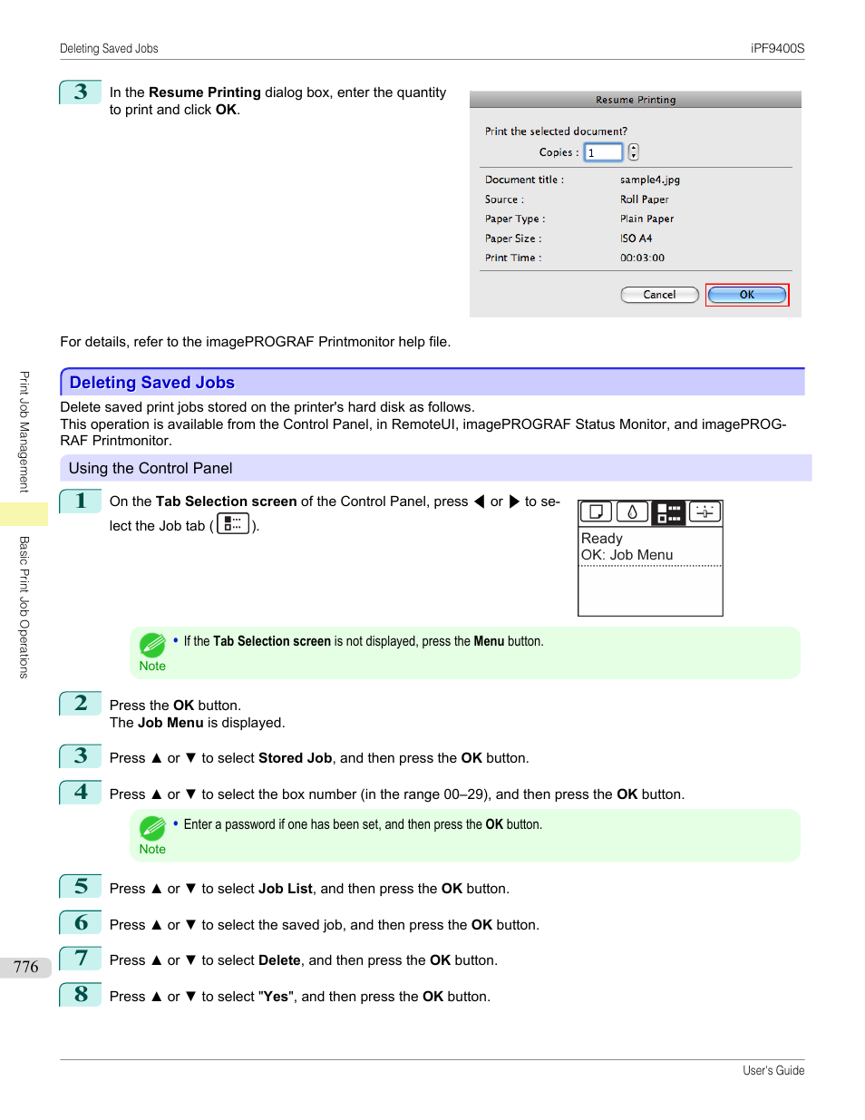 Deleting saved jobs | Canon imagePROGRAF iPF9400S User Manual | Page 776 / 972