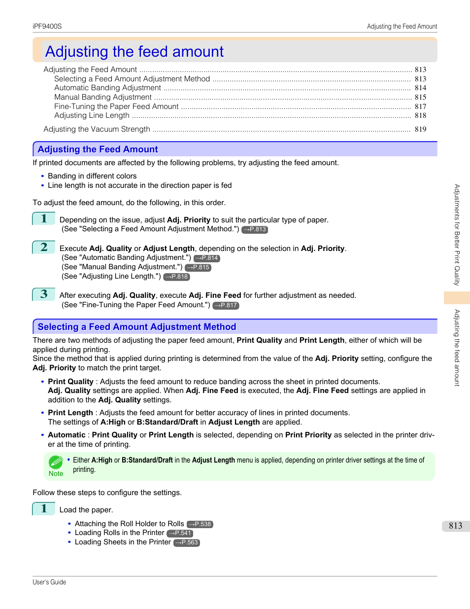 Adjusting the feed amount, Selecting a feed amount adjustment method, See "adjusting the feed amount.") | P.813 | Canon imagePROGRAF iPF9400S User Manual | Page 813 / 972