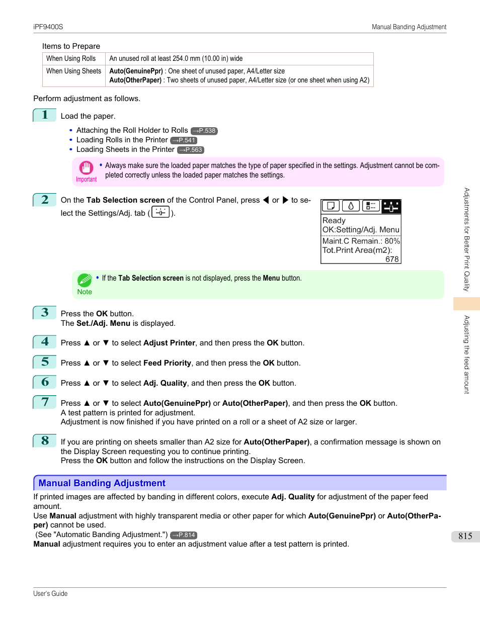 Manual banding adjustment, See "manual banding adjustment."), P.815 | Canon imagePROGRAF iPF9400S User Manual | Page 815 / 972