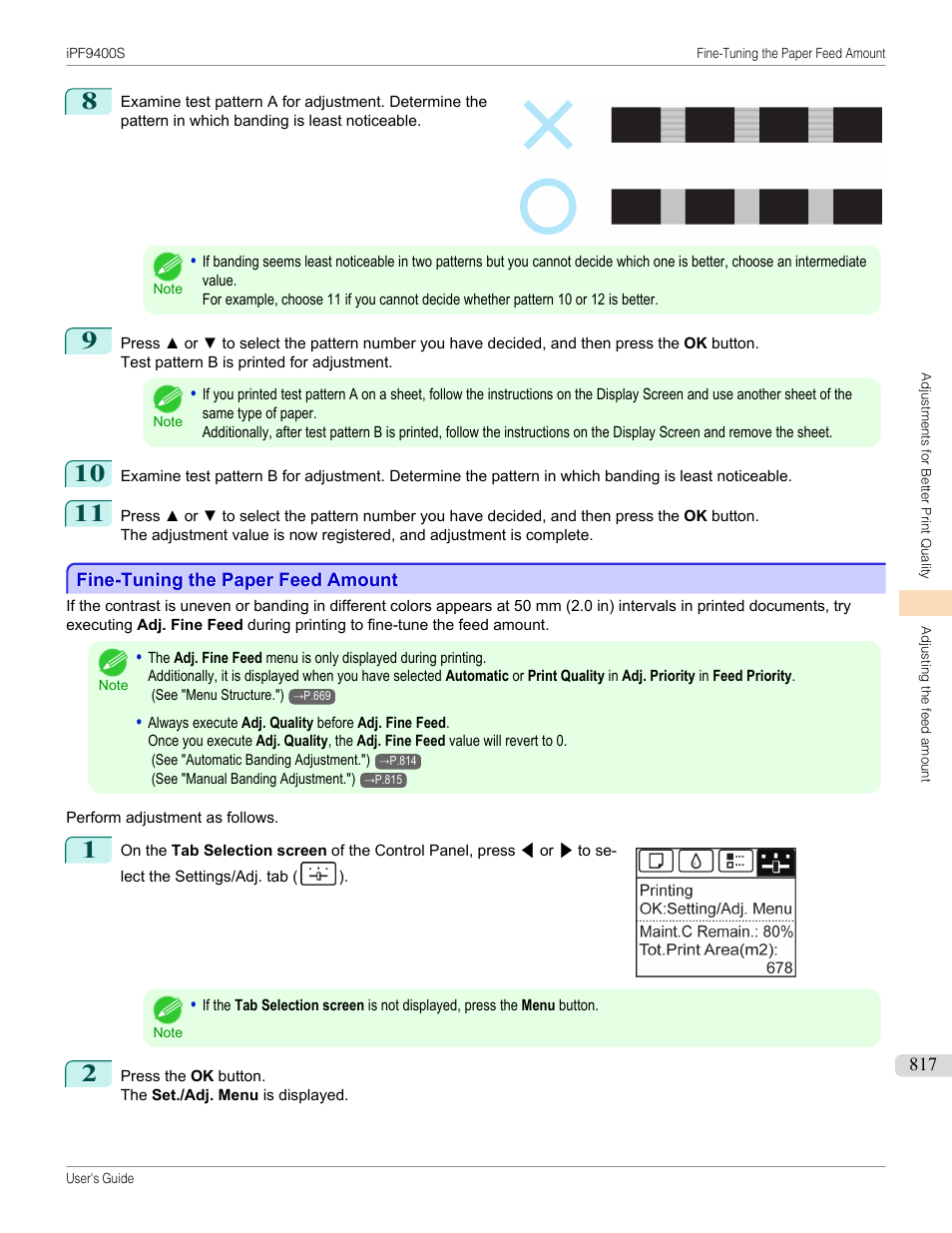 Fine-tuning the paper feed amount, See "fine-tuning the paper feed amount, P.817 | See "fine-tuning the paper feed amount.") | Canon imagePROGRAF iPF9400S User Manual | Page 817 / 972