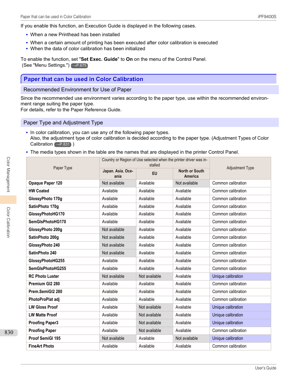 Paper that can be used in color calibration, P.830 | Canon imagePROGRAF iPF9400S User Manual | Page 830 / 972