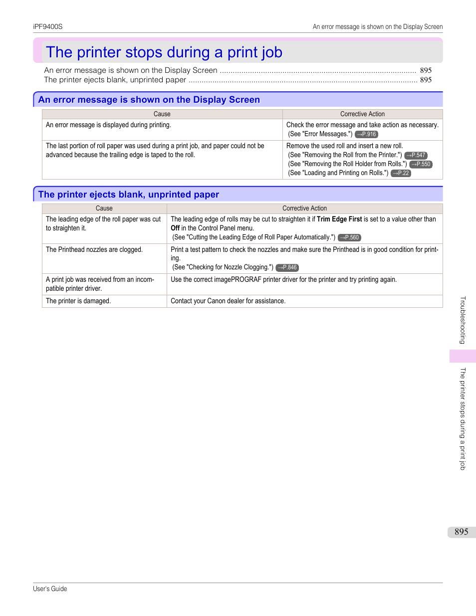 The printer stops during a print job, An error message is shown on the display screen, The printer ejects blank, unprinted paper | Canon imagePROGRAF iPF9400S User Manual | Page 895 / 972