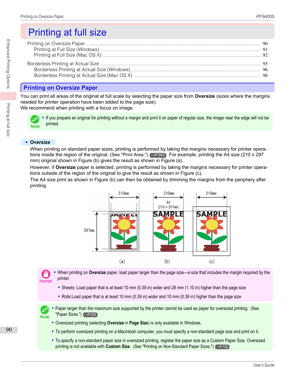 Printing at full size, Printing on oversize paper | Canon imagePROGRAF iPF9400S User Manual | Page 90 / 972