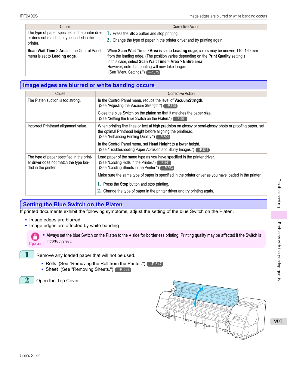 Image edges are blurred or white banding occurs, Setting the blue switch on the platen, See "setting the blue switch on the platen.") | P.901 | Canon imagePROGRAF iPF9400S User Manual | Page 901 / 972