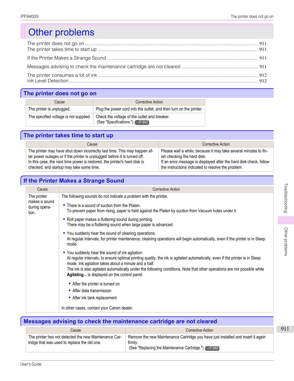 Other problems, The printer does not go on, The printer takes time to start up | If the printer makes a strange sound | Canon imagePROGRAF iPF9400S User Manual | Page 911 / 972