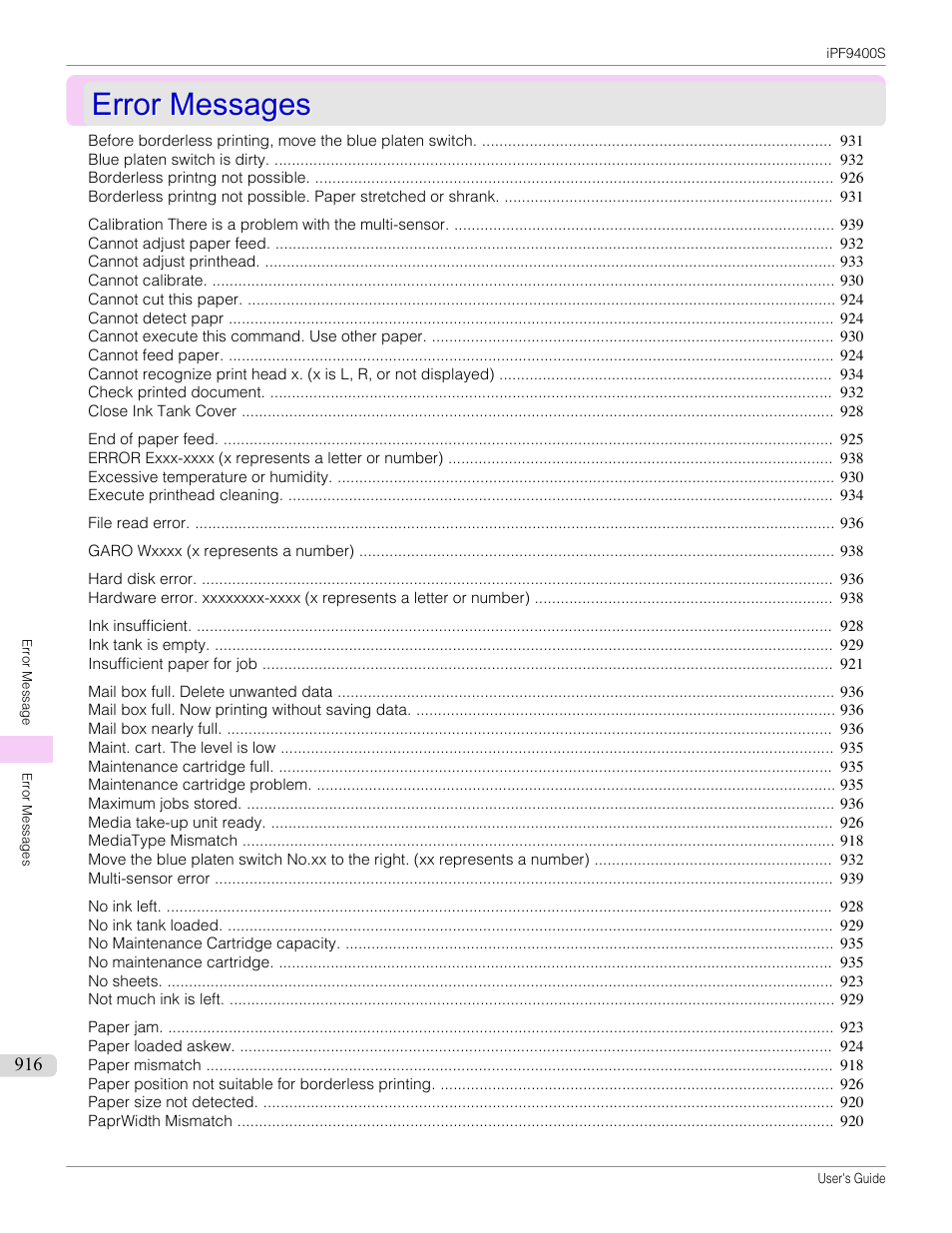 Error messages, See "error messages, P.916 | See "error messages.") | Canon imagePROGRAF iPF9400S User Manual | Page 916 / 972