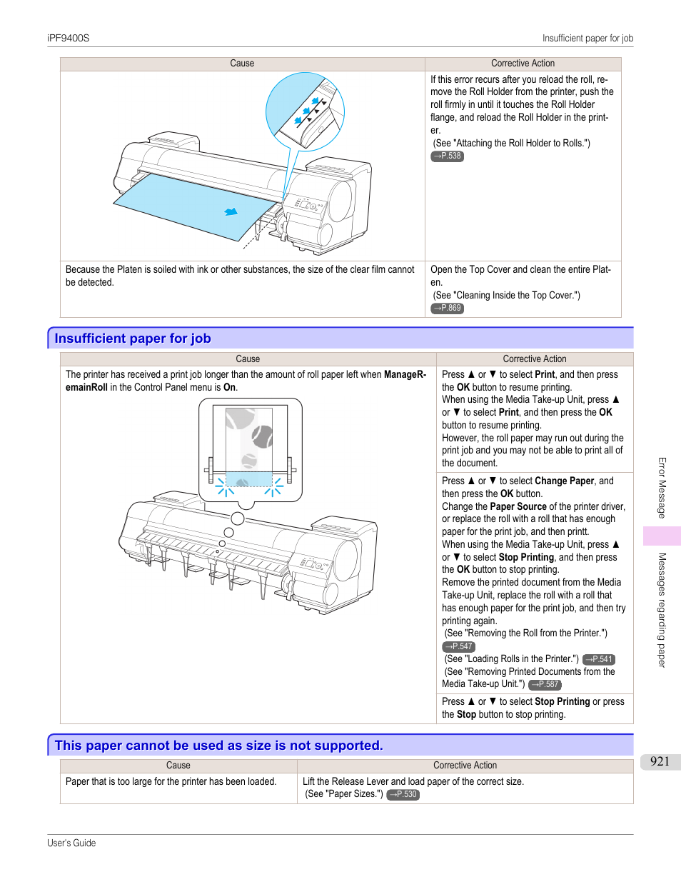 Insufficient paper for job, This paper cannot be used as size is not supported | Canon imagePROGRAF iPF9400S User Manual | Page 921 / 972