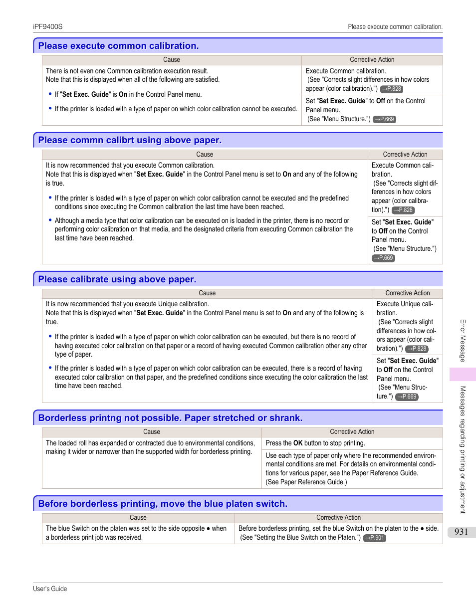Please execute common calibration, Please commn calibrt using above paper, Please calibrate using above paper | Canon imagePROGRAF iPF9400S User Manual | Page 931 / 972