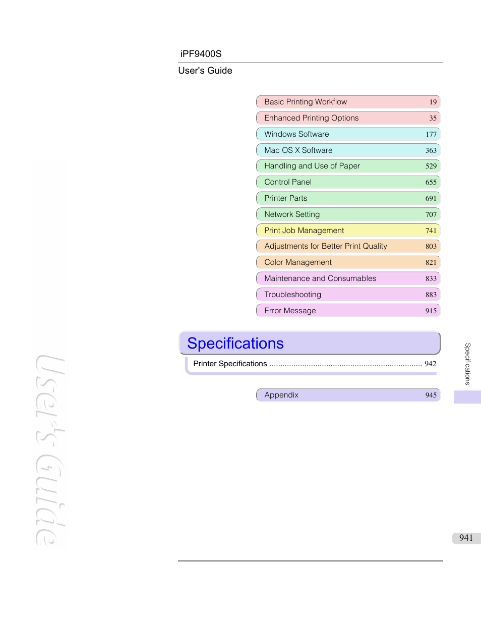 Specifications | Canon imagePROGRAF iPF9400S User Manual | Page 941 / 972