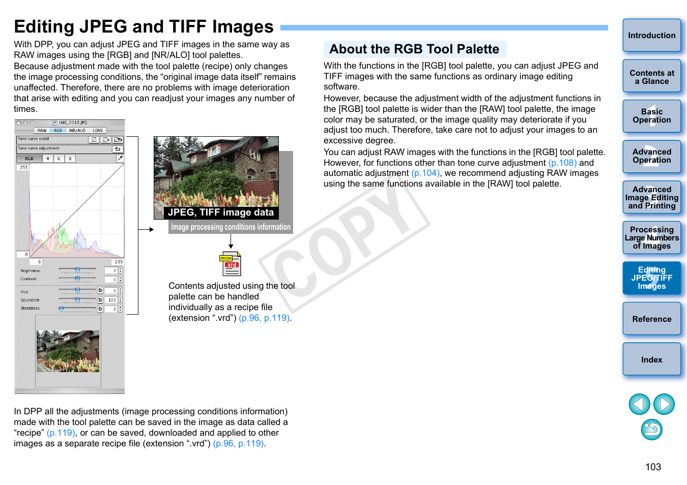Editing jpeg and tiff images, P.103, P.103) | About the rgb tool palette, Cop y | Canon PowerShot G1 X User Manual | Page 104 / 150