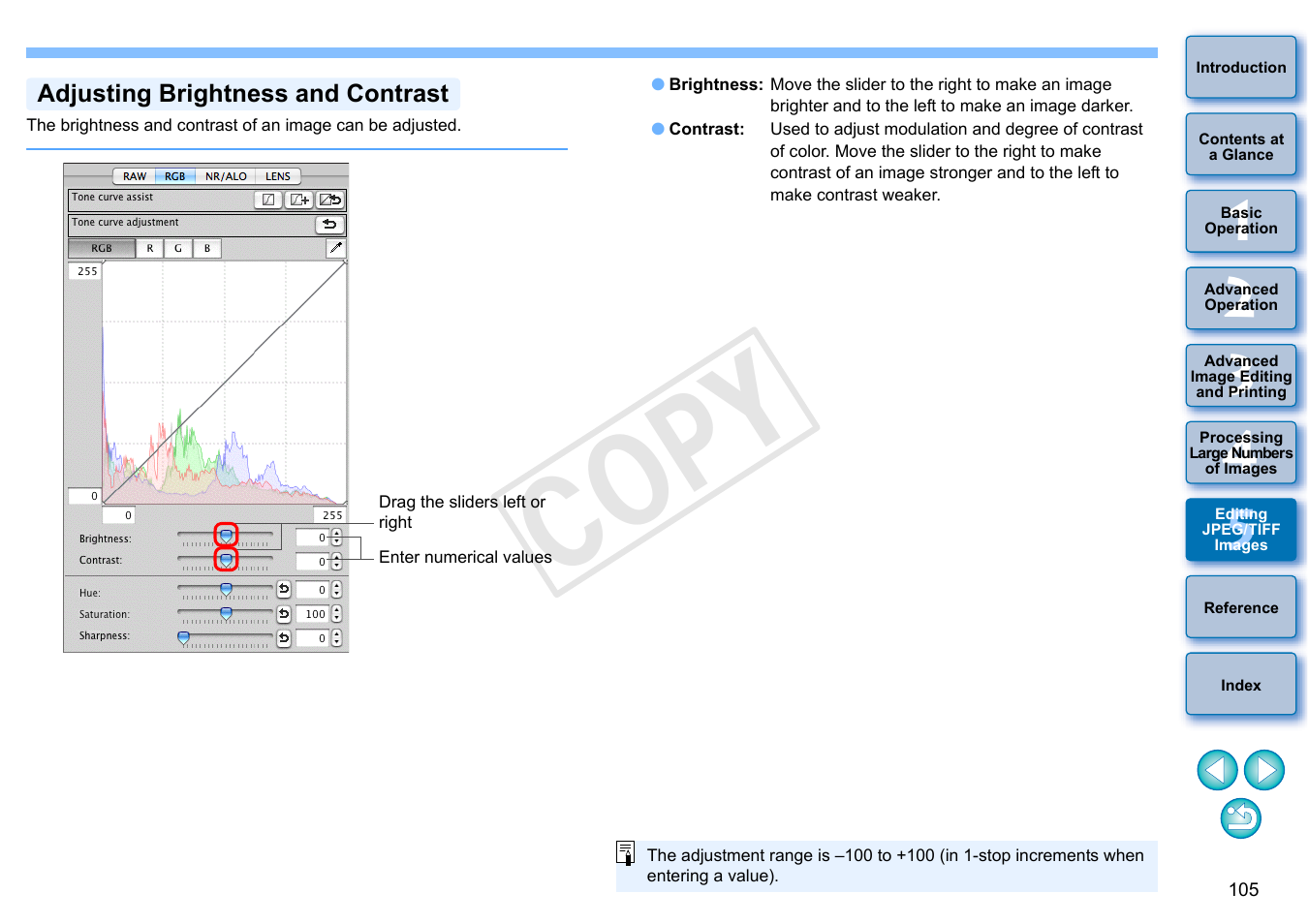 Adjusting brightness and contrast, Cop y | Canon PowerShot G1 X User Manual | Page 106 / 150