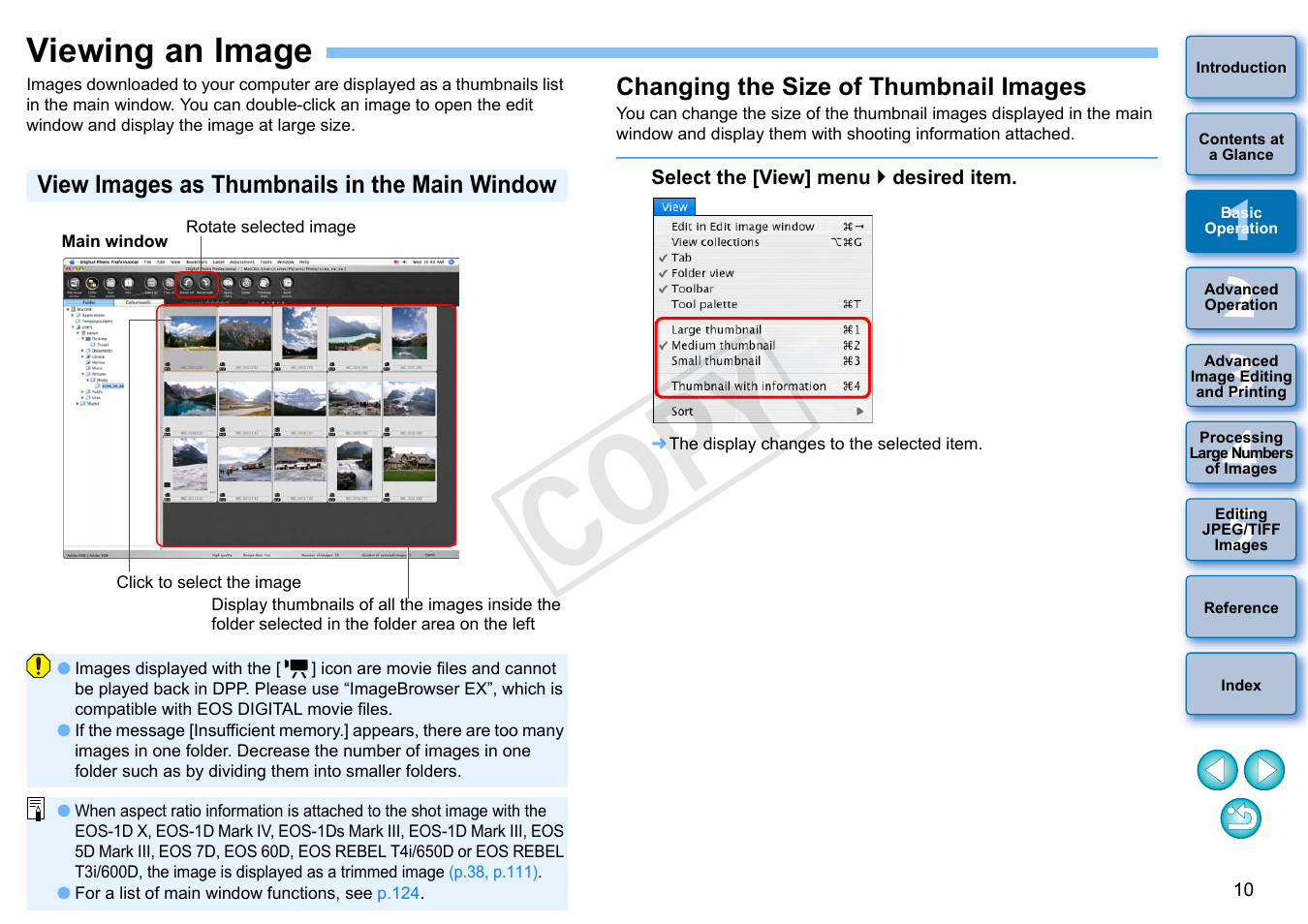 Viewing an image, P.10, View images as thumbnails in the main window | Changing the size of thumbnail images, Cop y | Canon PowerShot G1 X User Manual | Page 11 / 150