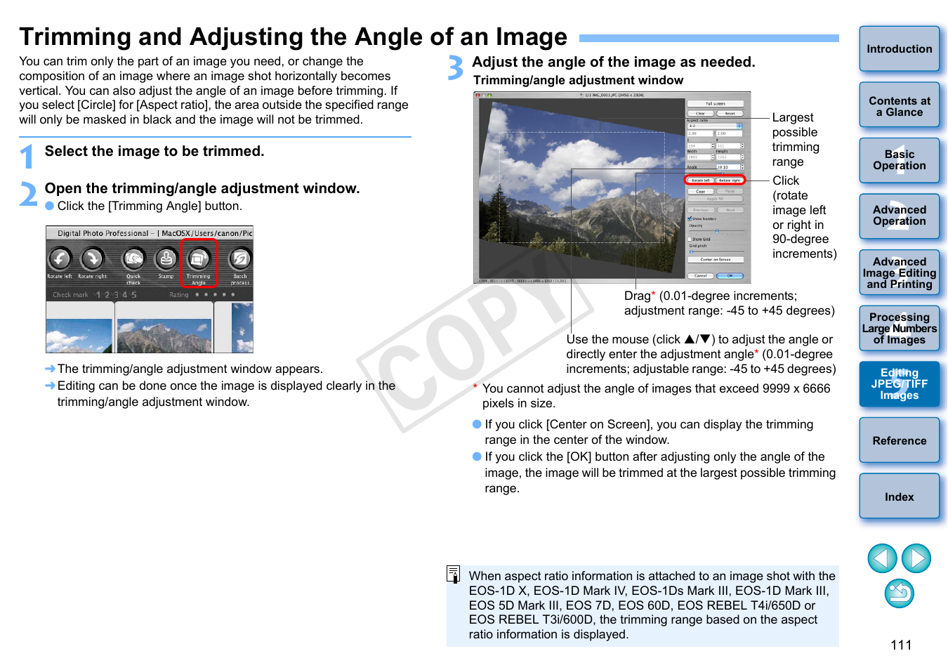 Trimming and adjusting the angle of an image, P.111), P.111 | Cop y | Canon PowerShot G1 X User Manual | Page 112 / 150