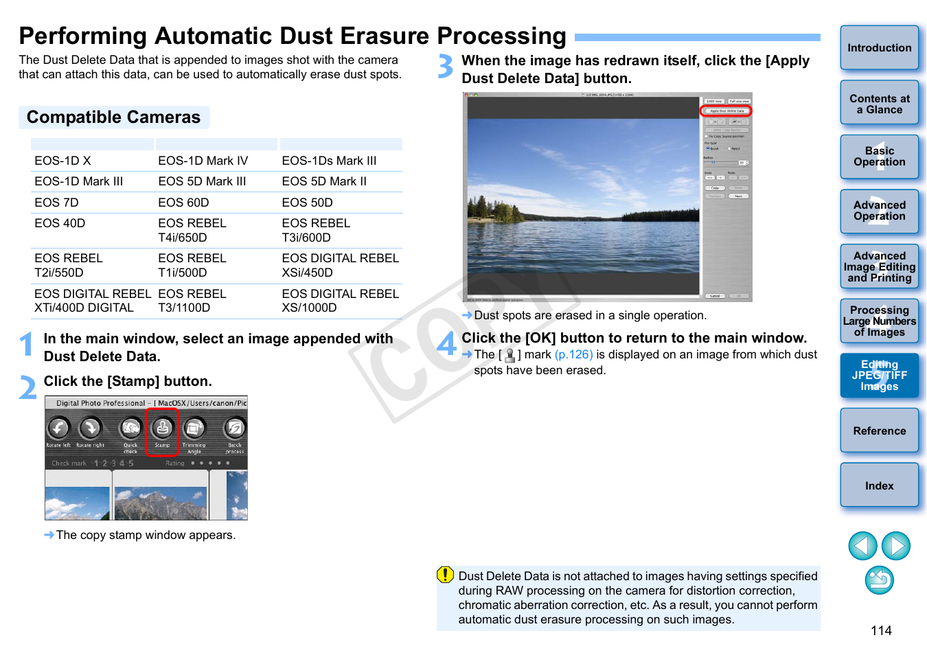 Performing automatic dust erasure processing, P.114, Compatible cameras | Cop y | Canon PowerShot G1 X User Manual | Page 115 / 150
