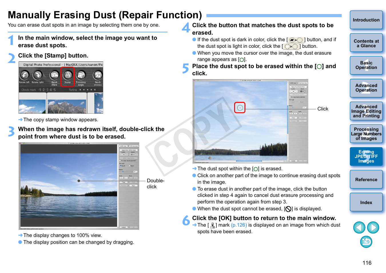 Manually erasing dust (repair function), P.116), Cop y | Canon PowerShot G1 X User Manual | Page 117 / 150