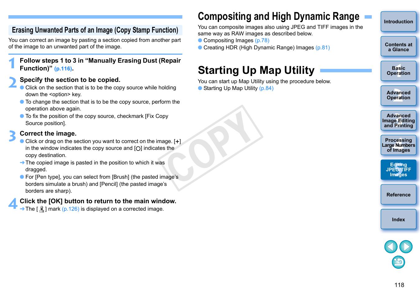 Compositing and high dynamic range, Starting up map utility, To p.118) | P.118), Cop y | Canon PowerShot G1 X User Manual | Page 119 / 150
