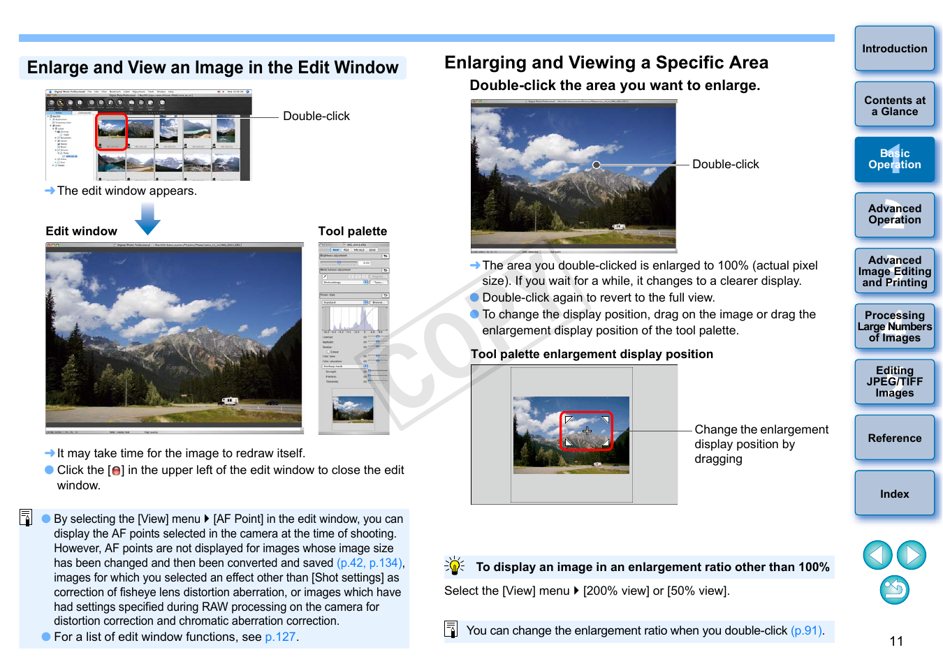 P.11, Enlarge and view an image in the edit window, Enlarging and viewing a specific area | Cop y | Canon PowerShot G1 X User Manual | Page 12 / 150