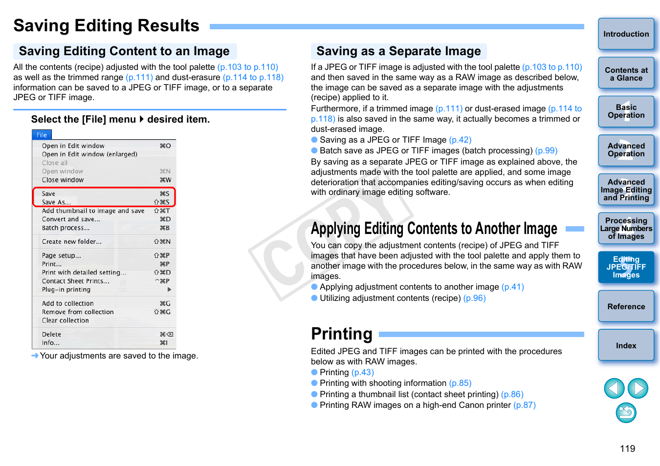 Saving editing results, Applying editing contents to another image, Printing | Saving editing content to an image, Saving as a separate image, P.119), P.119, 6, p.119), Te image, Cop y | Canon PowerShot G1 X User Manual | Page 120 / 150