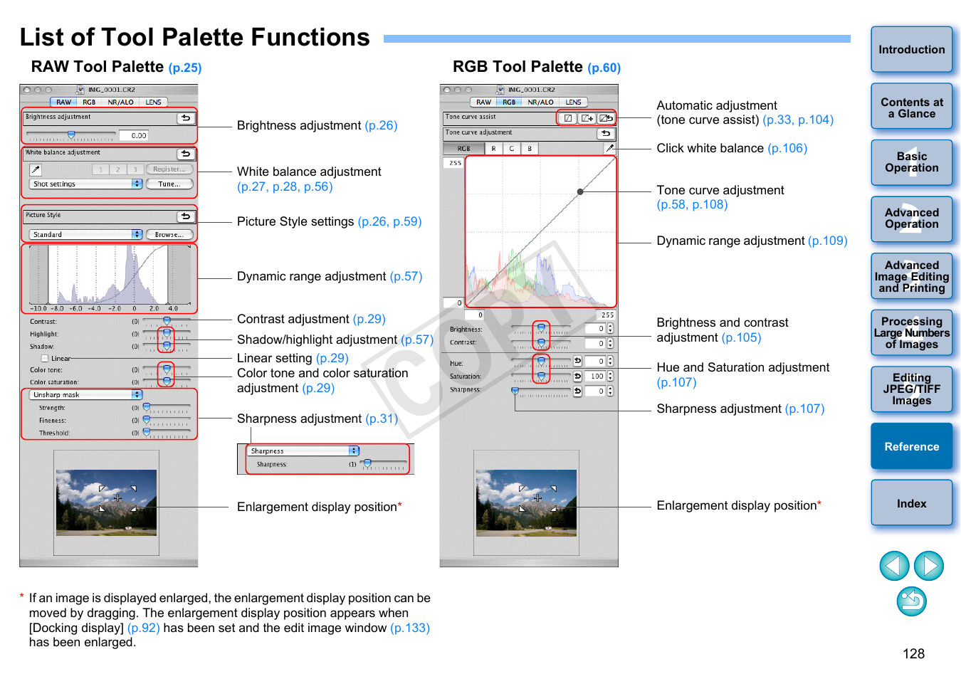 List of tool palette functions, P.128, Alette | P.128), P.128, p.12, Cop y | Canon PowerShot G1 X User Manual | Page 129 / 150
