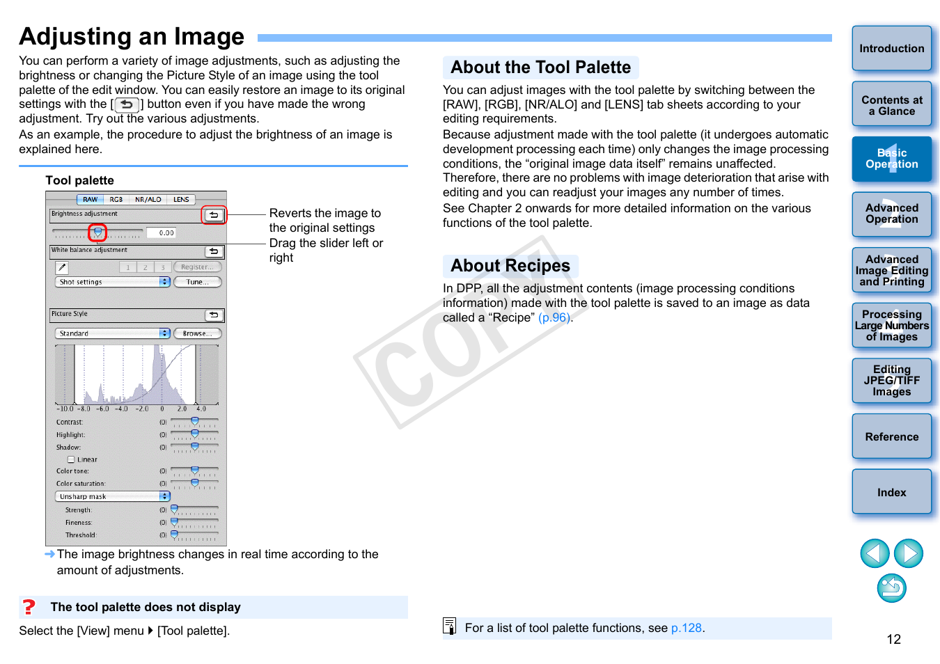 Adjusting an image, P.12, About the tool palette | About recipes, Cop y | Canon PowerShot G1 X User Manual | Page 13 / 150