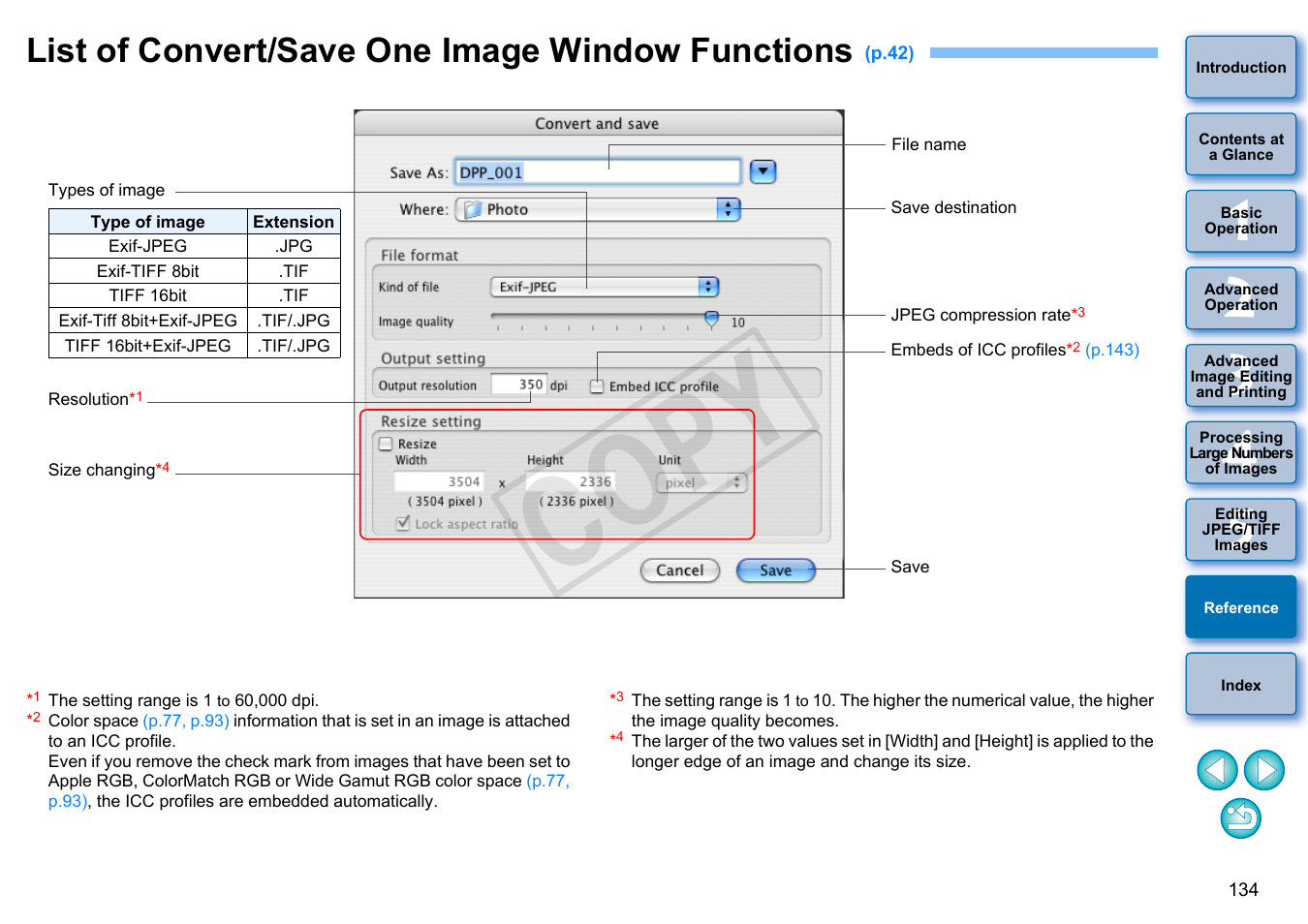 List of convert/save one image window functions, P.134, S, see | Cop y | Canon PowerShot G1 X User Manual | Page 135 / 150