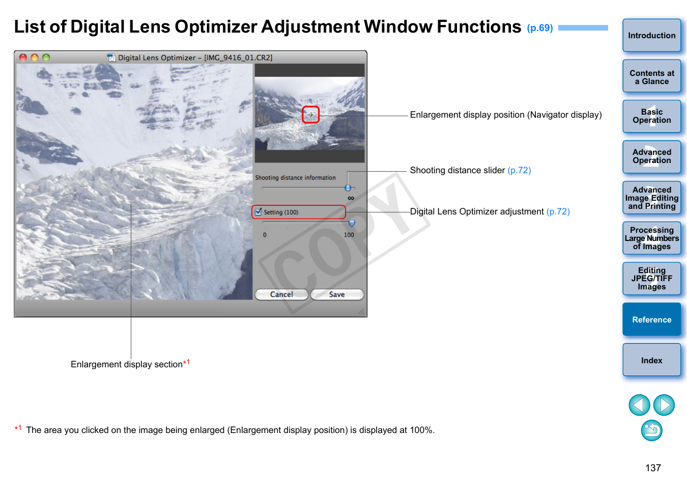 List of digital lens optimizer adjustment window, Functions, Cop y | Canon PowerShot G1 X User Manual | Page 138 / 150