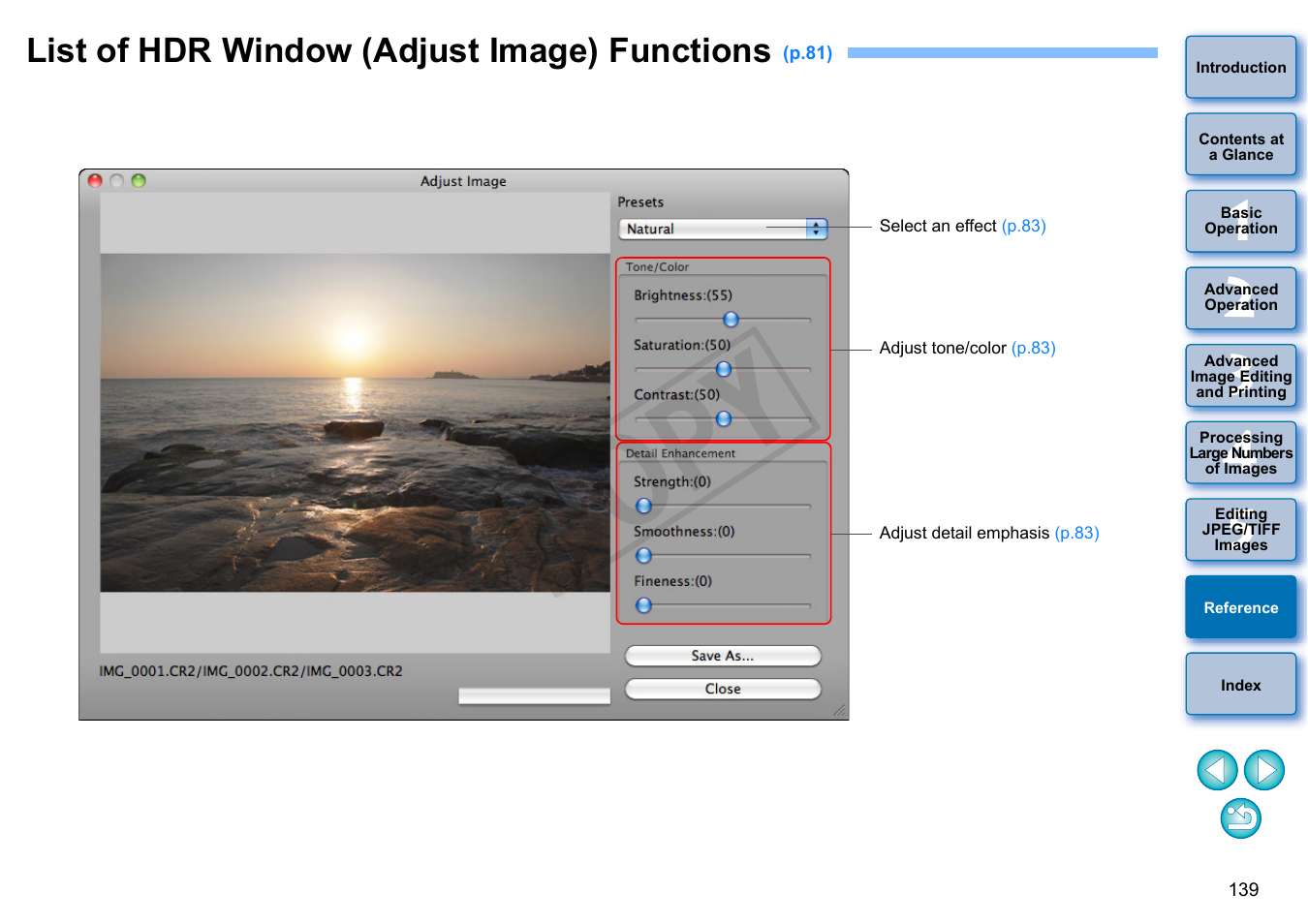 List of hdr window (adjust image) functions, Cop y | Canon PowerShot G1 X User Manual | Page 140 / 150