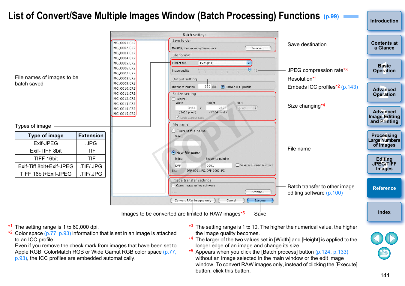 P.141, List of convert/save multiple images window (batch, Processing) functions | P.141), Cop y | Canon PowerShot G1 X User Manual | Page 142 / 150